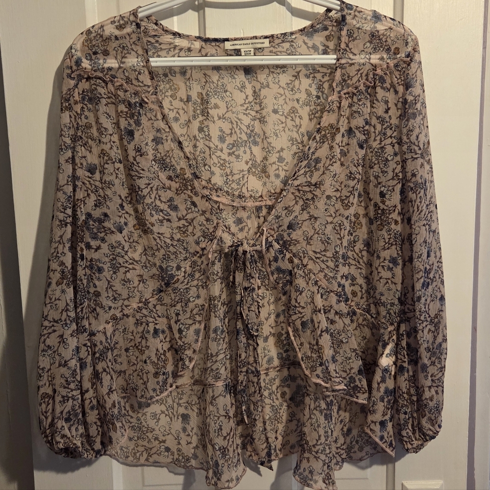 AEO Pink Sheer Floral Tie-Front Blouse